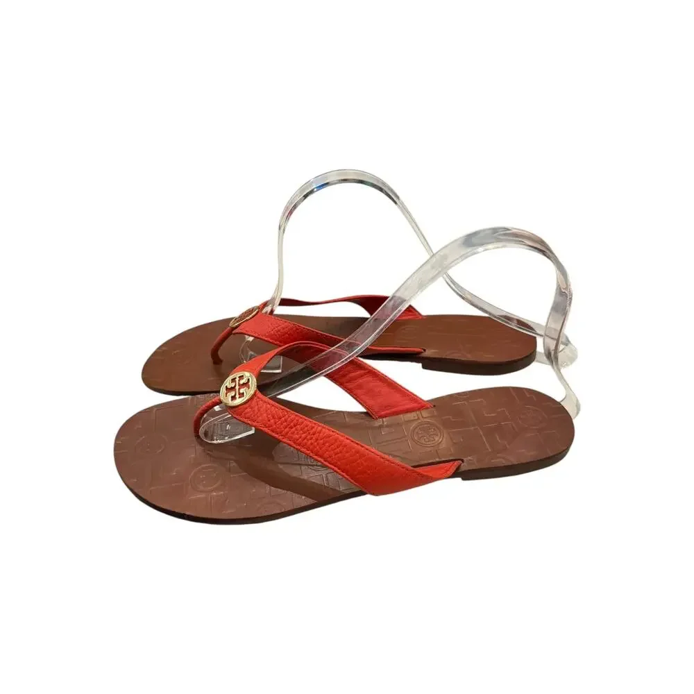 Tory Burch Thora Logo Medallion Leather Flip Flop Sandals Orange Sz 9M